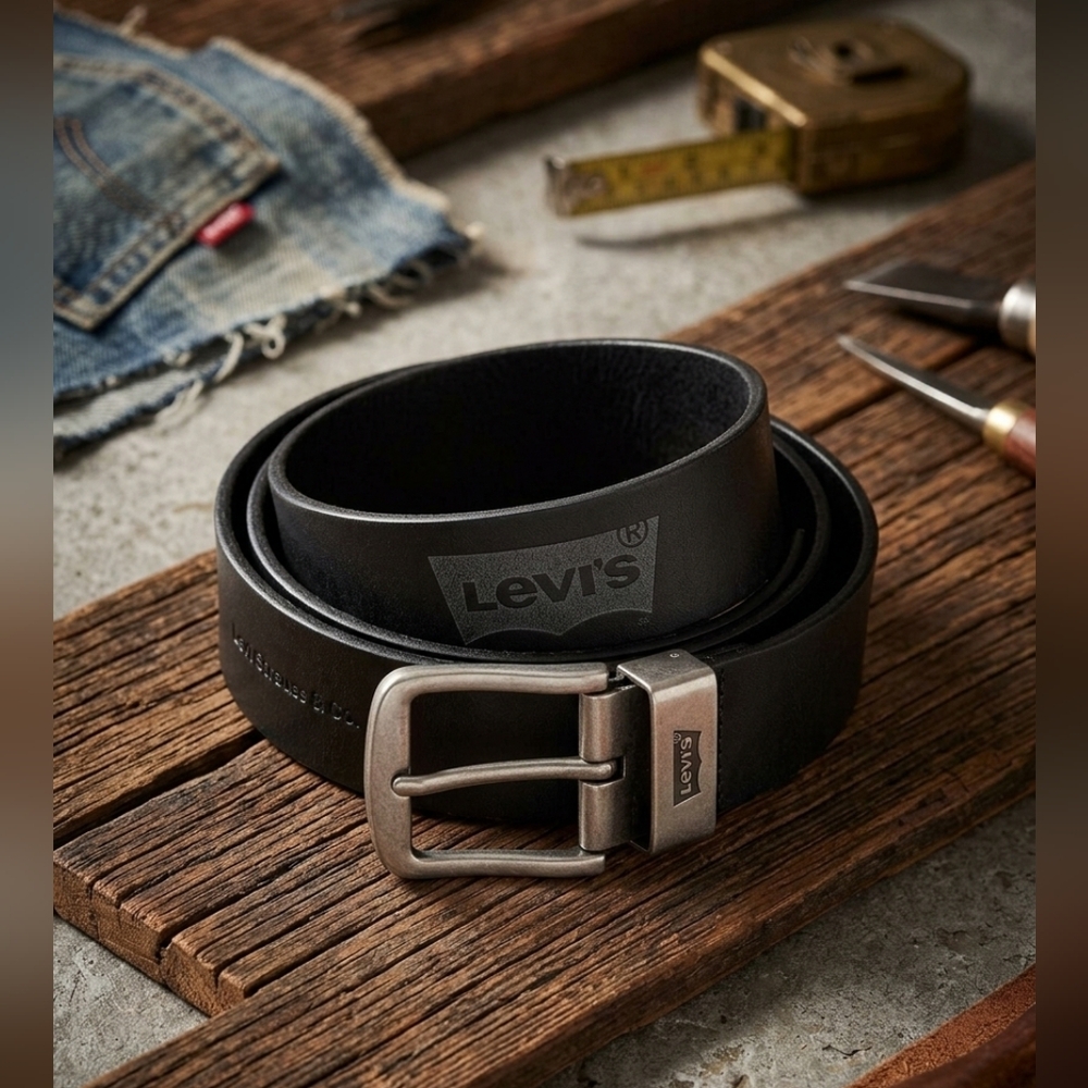 Levi's Black Genuine Leather Belt W Silver Buckle Rustic Western Y2K Iconic 90s